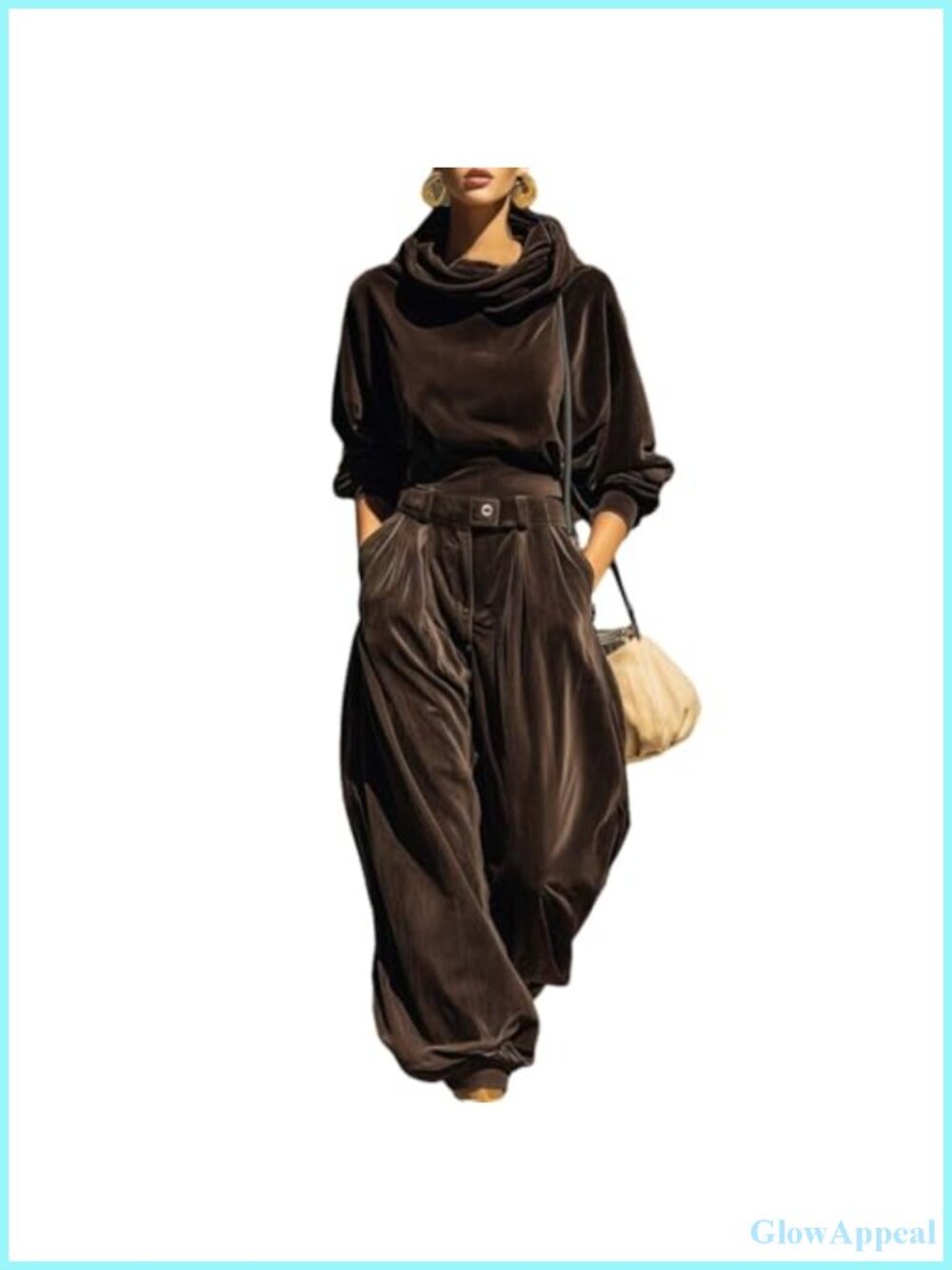 Velvet 2 Piece Set Cowl Neck Blouse Balloon Pants Loungewear
